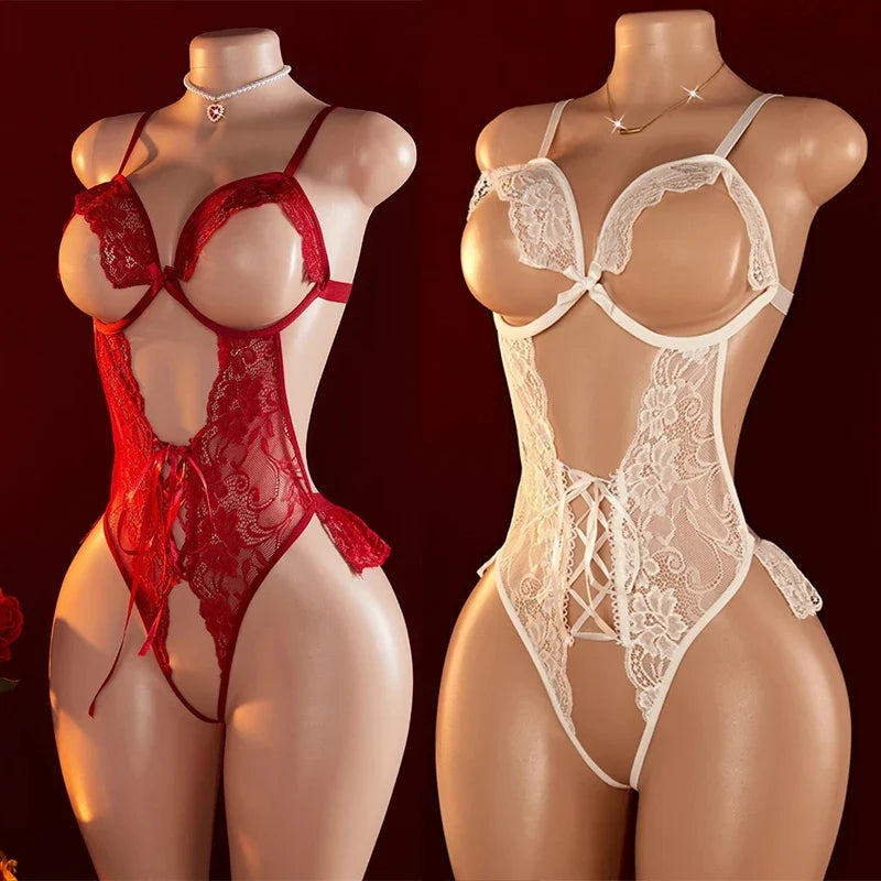 White Red Sexy Lace Underwear Erotic Hollow Bra Set Women Crotchless Bodysuit Transparent Deep V Open Bra Lingerie Set