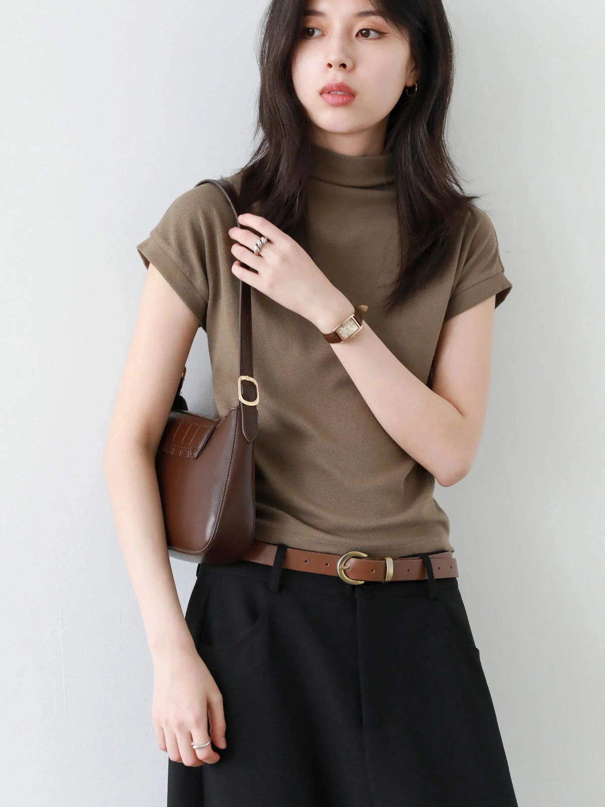 Slim Fit Half High Neck T-Shirt Elastic Basic Tee