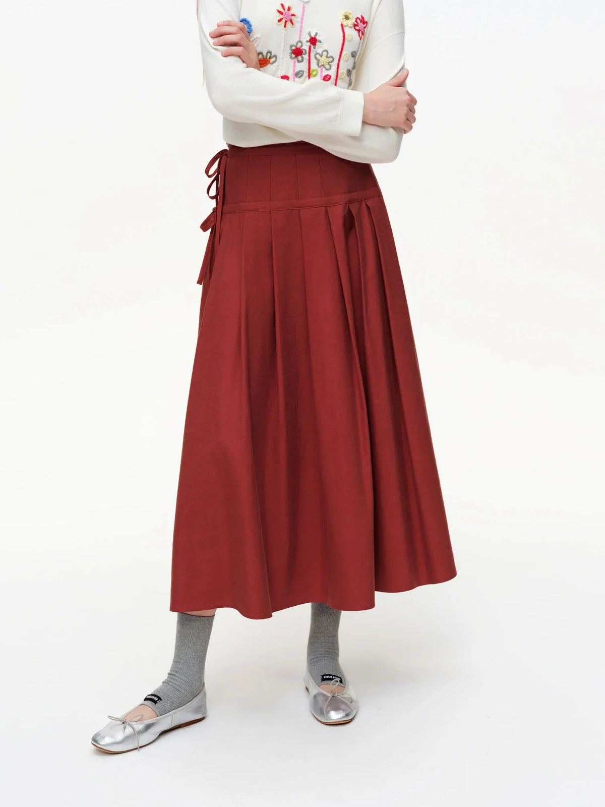 High Waist 3D Pleated Midi Skirt with Side Tie & Ruffles