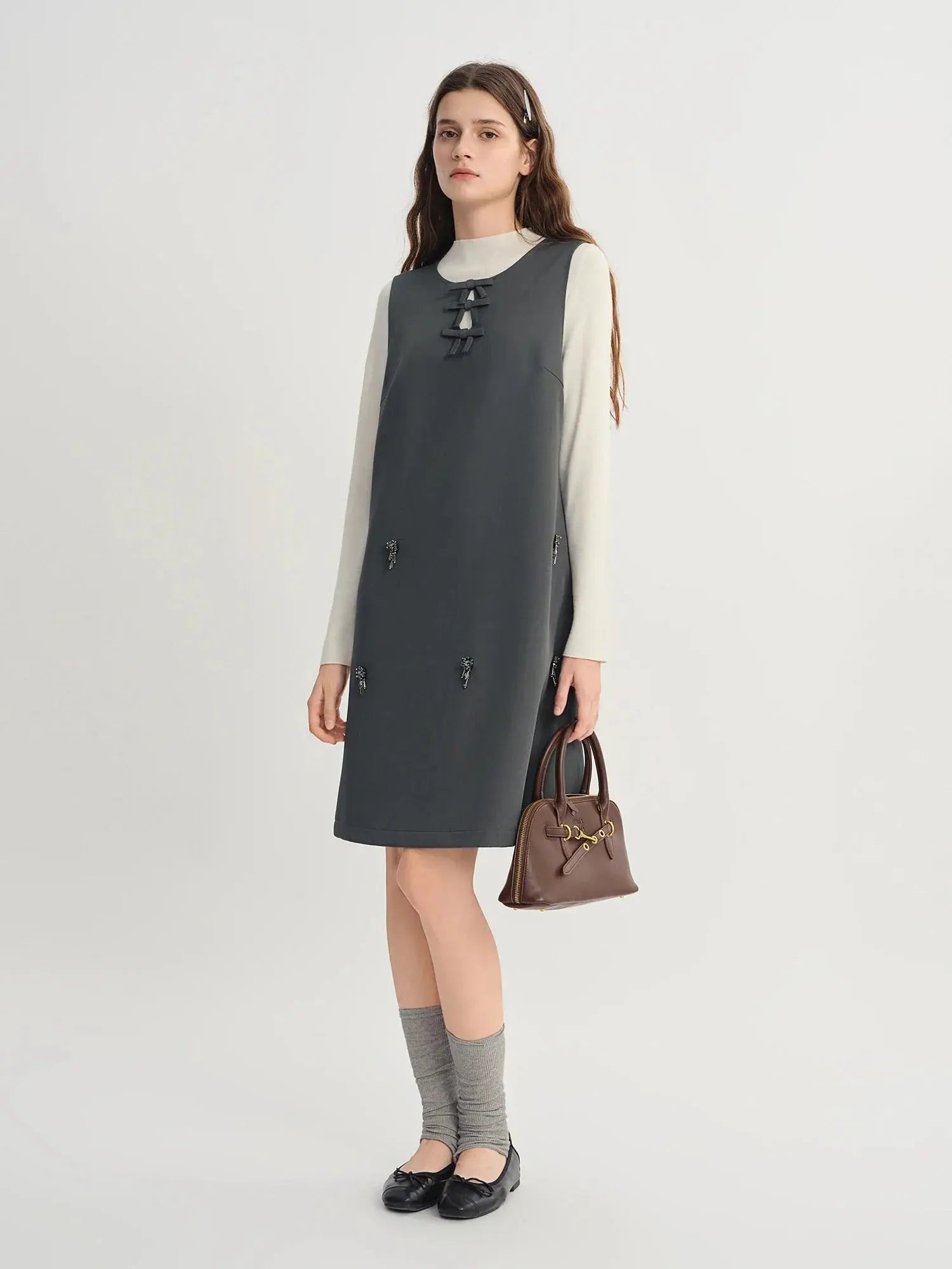 Embellished Beaded Tank Dress with Bow Accent for Fall