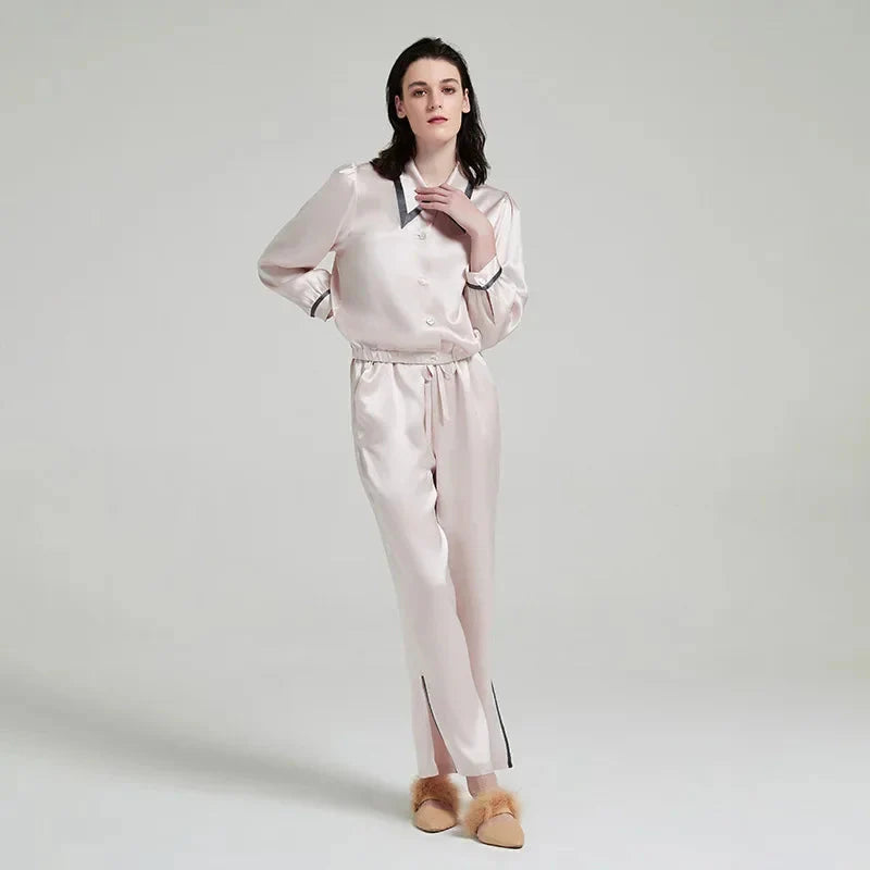 Contrast Silk Pajama Set Long-Sleeve Women's Sleepwear