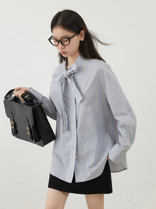 Blue Striped Bow Tie Blouse Cotton Casual Shirt