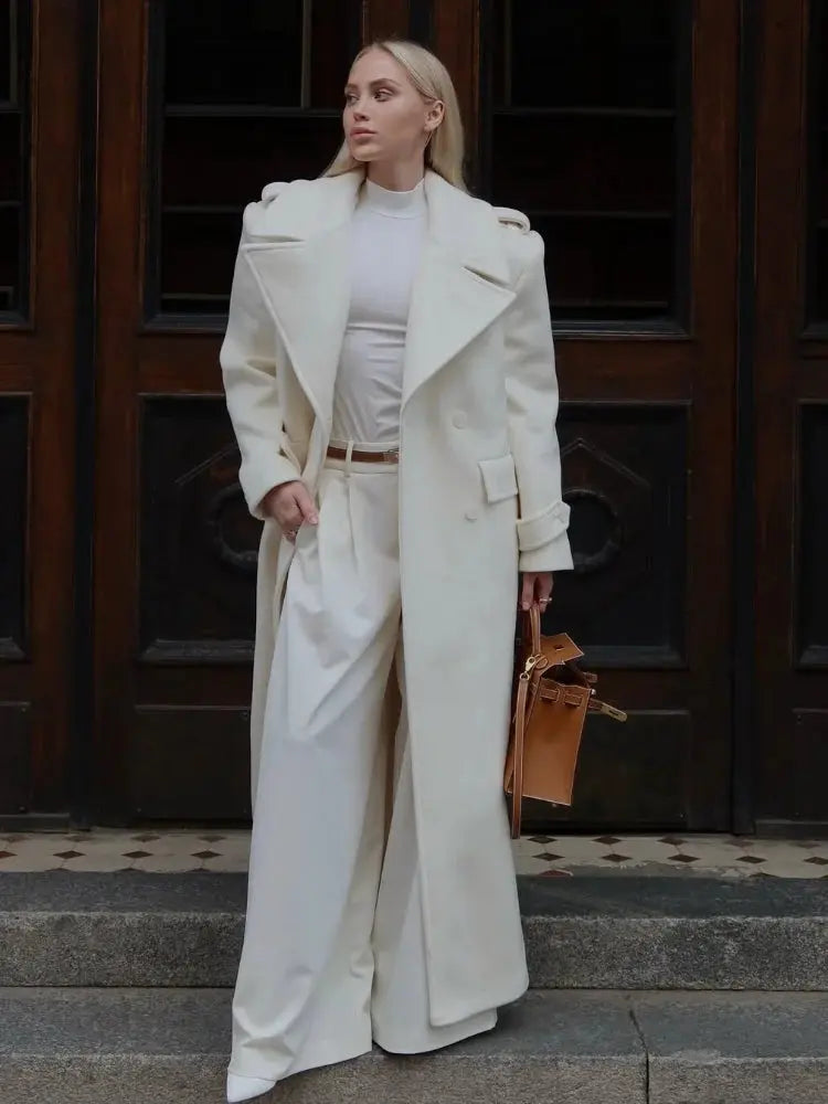 Chic Double-Breasted Wool Coat with Lace-Up Detail