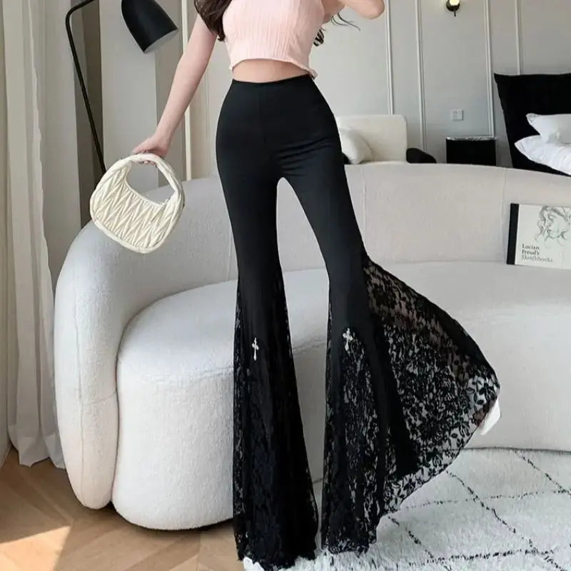 Gothic Black Lace Flare Pants - See-Through Mesh Trousers