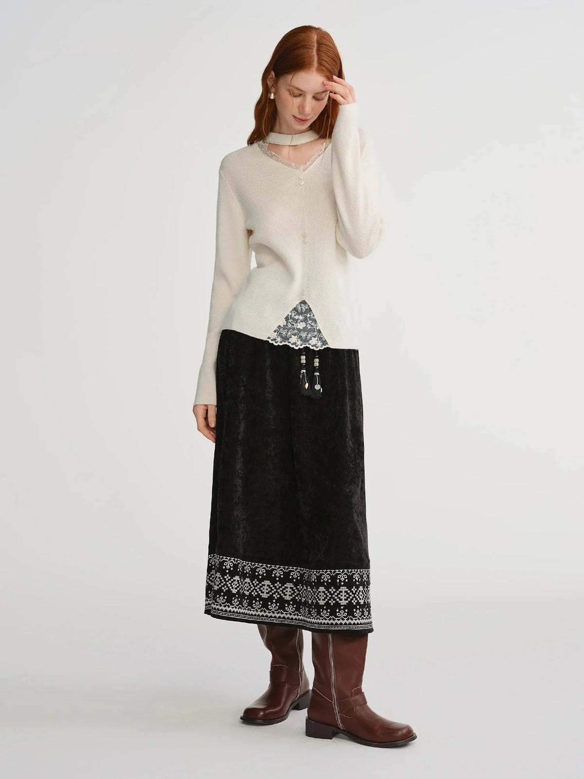 Plus Size Lace-Trimmed Mesh Knit Sweater Warm Wool Blend