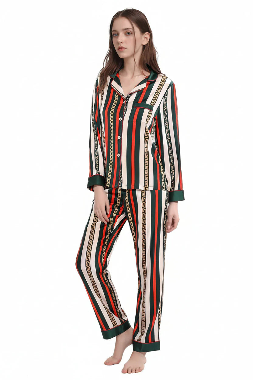 Luxury Mulberry Silk Pajamas Striped Long Sleeve Set