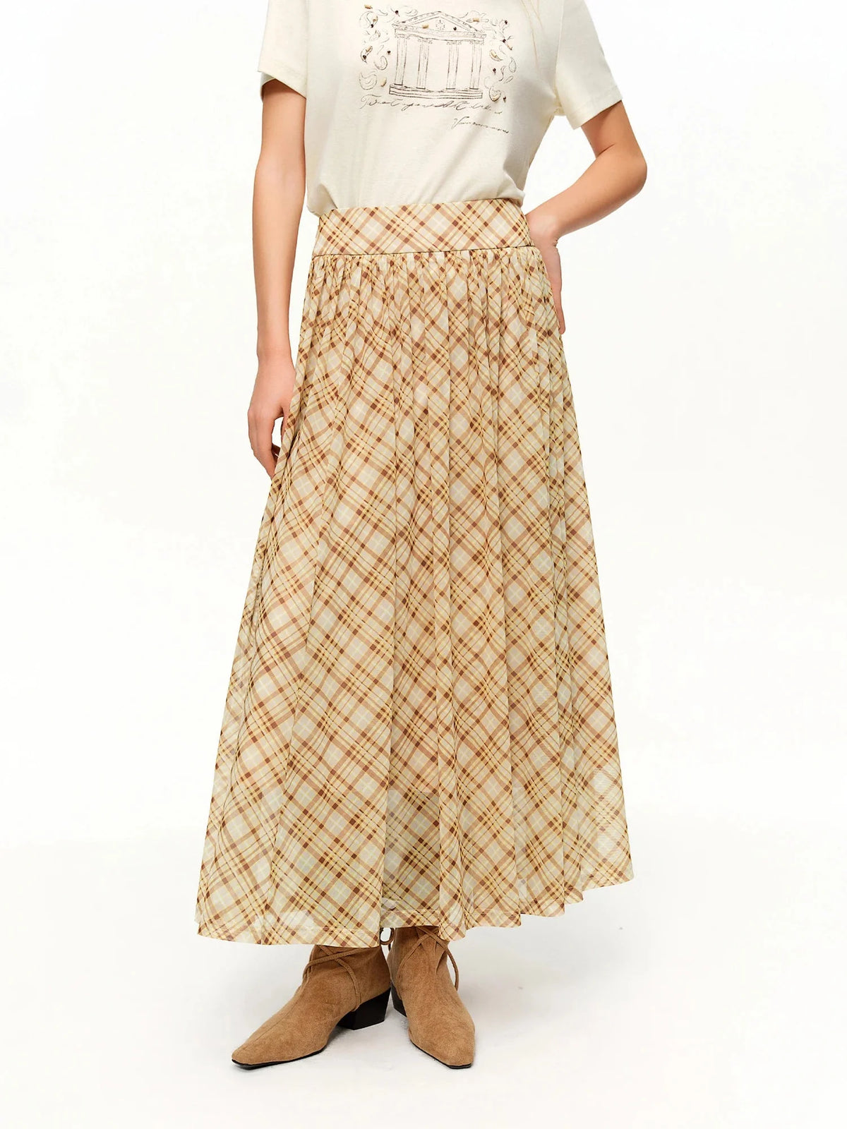 Brown Midi Skirt Retro Plaid Mesh
