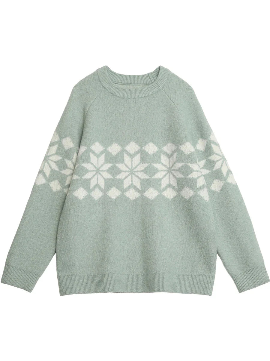 Snowflake Round Neck Knitted Pullover - Winter Jumper