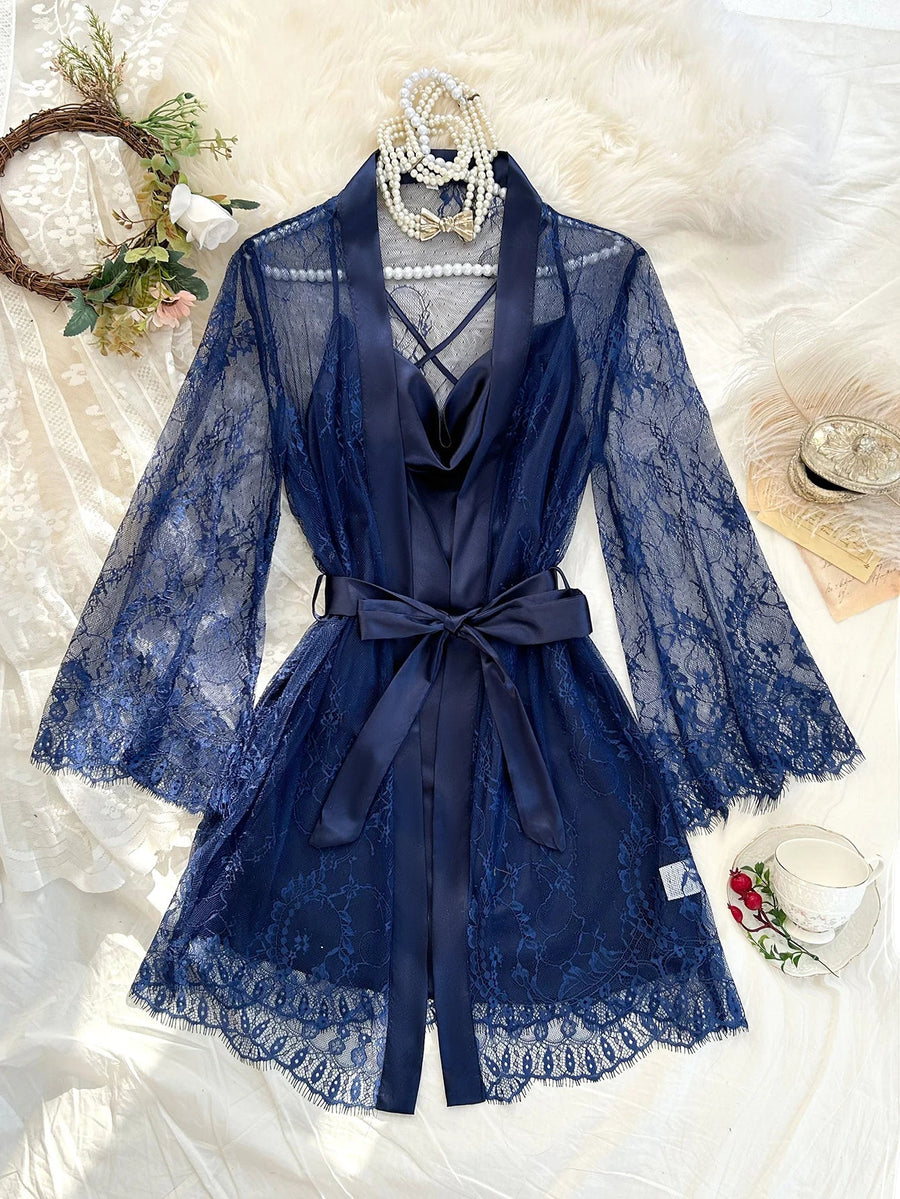 Sexy Elegant Pure Color Mesh Nightgown Set Transparent Lace Robe Sleepwear Casual Comfortable Women's pajamas