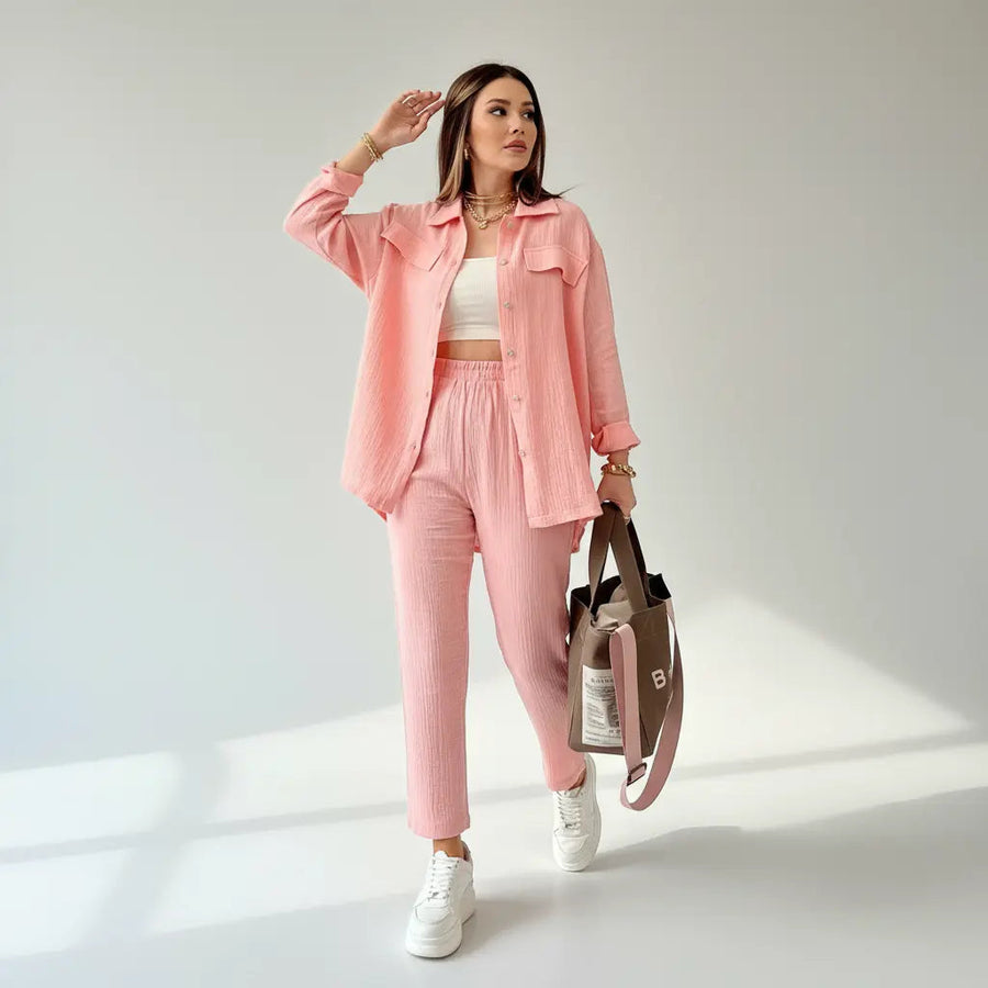 Casual Loose Shirt & Cropped Pants Set for Women