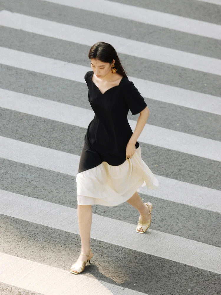 Contrast Fishtail Party Dress Short Sleeve Summer Style