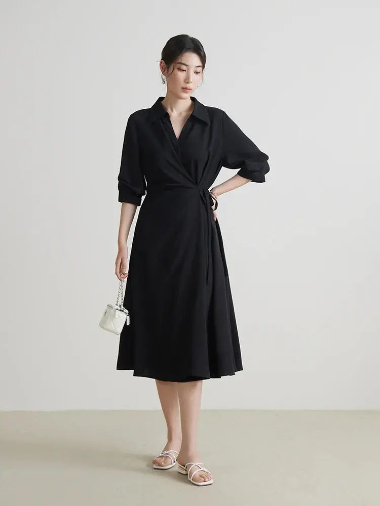 Temperament Black A-Line Drape Dress with Turn-down Collar