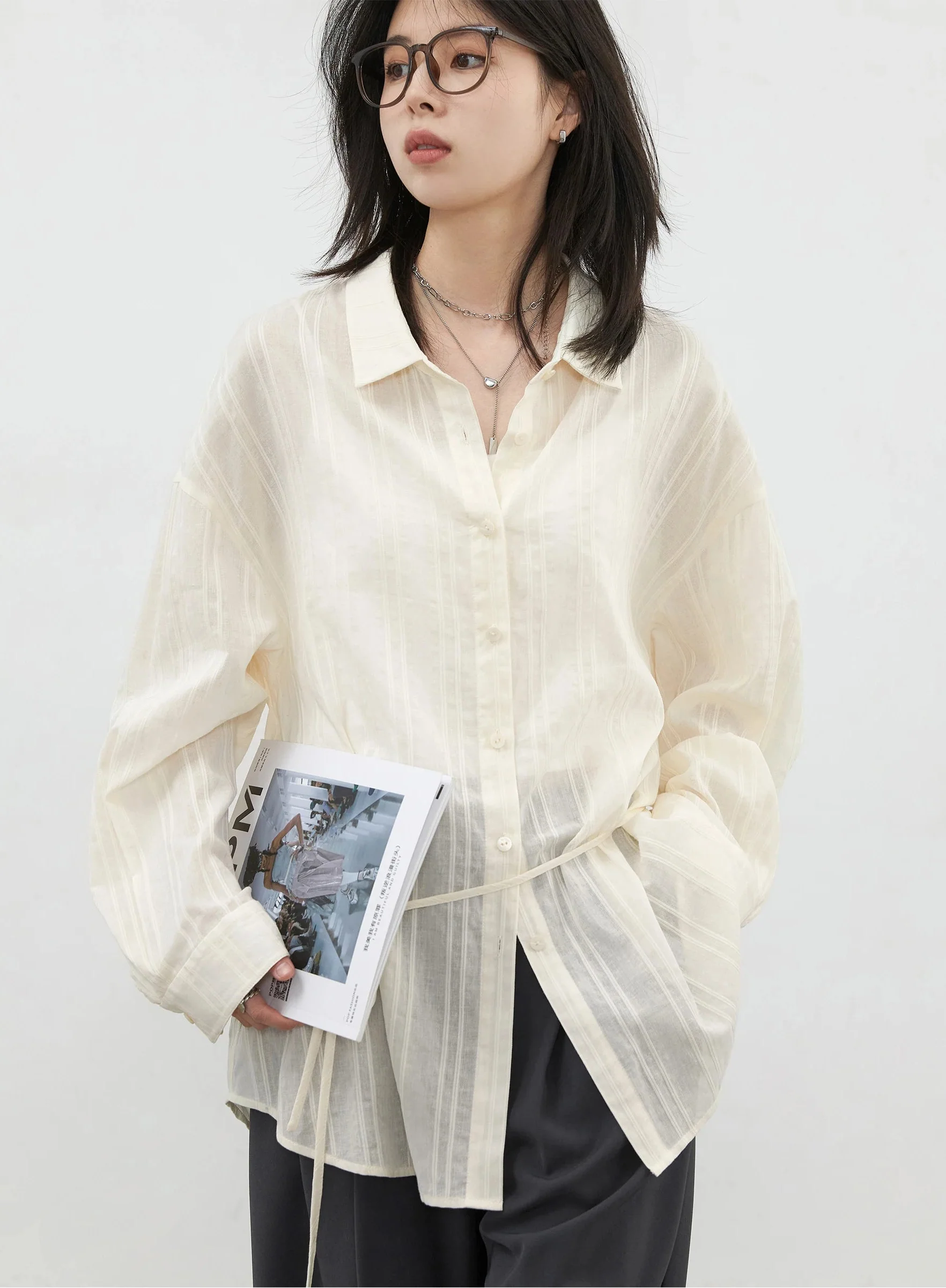Textured Striped Waist Shirt Long Sleeve Summer Blouse