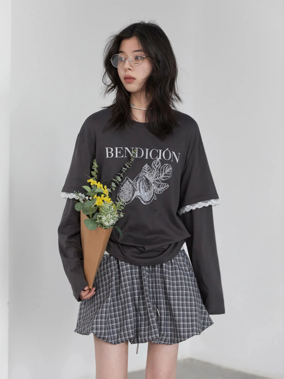 Cotton Letter Print T-Shirt Lace Patchwork Tee