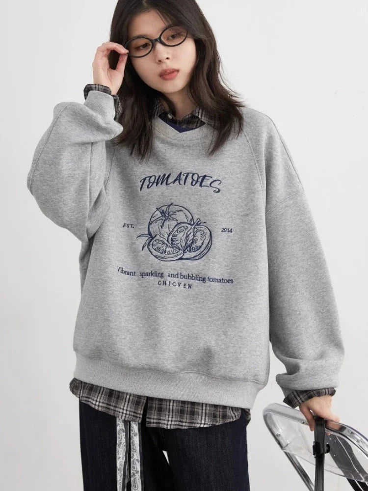 Color-Block Embroidered Sweatshirt Autumn Pullover