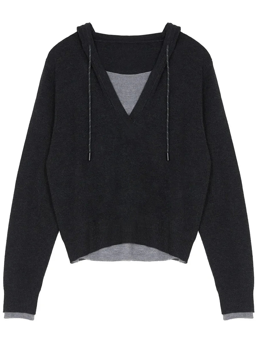 Casual Contrast Color Hooded Pullover - Loose Knit Sweater