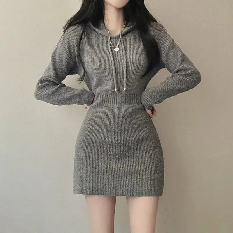 Chic High-Waist Bandage Knit Dress with Hood