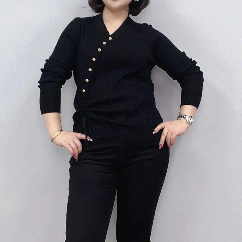 Plus Size Women's Long Sleeve Button Sweater