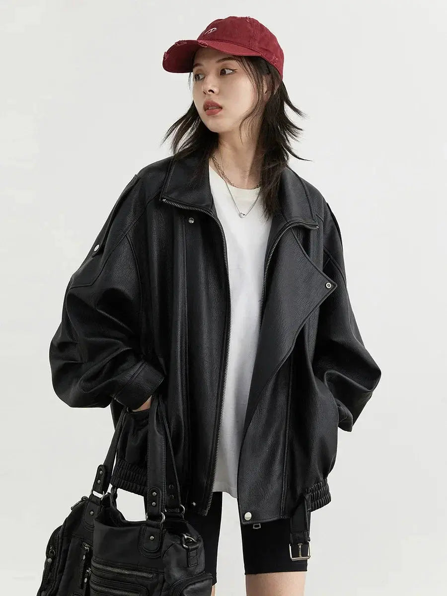 Chic Faux Leather Standing Collar Jacket