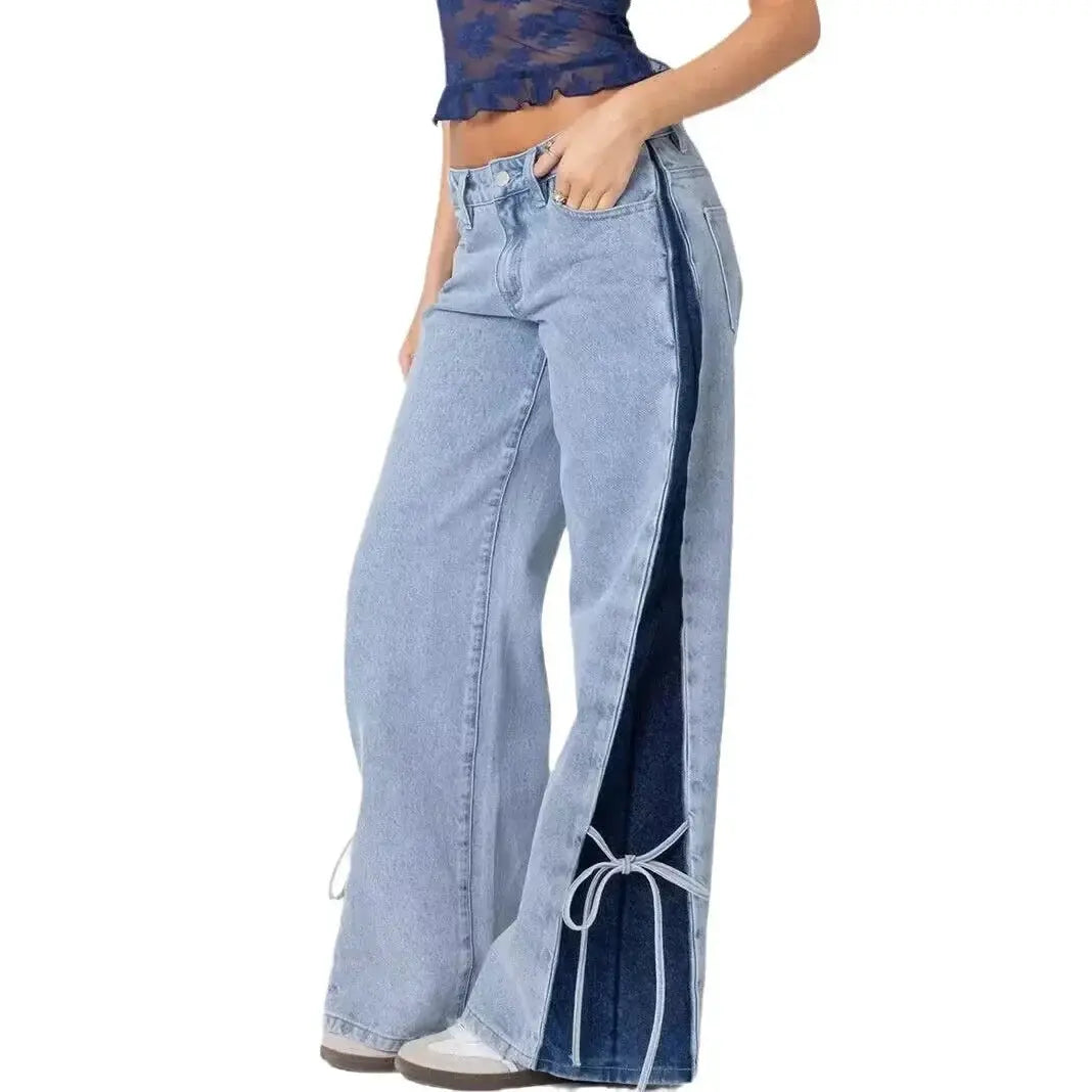 Patchwork Lace-Up Wide-Leg Trousers