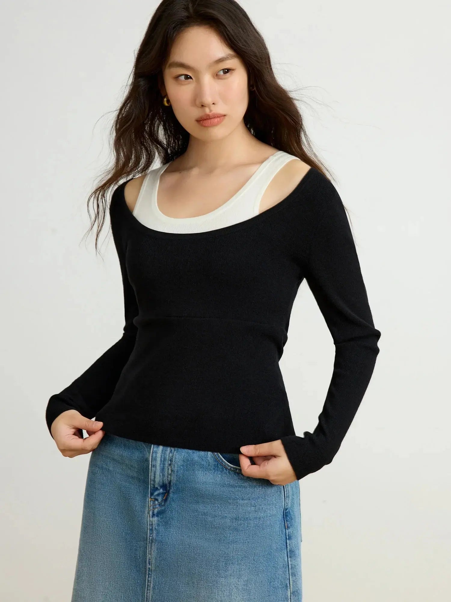 Plus Size Contrast Faux 2-Piece Sweater