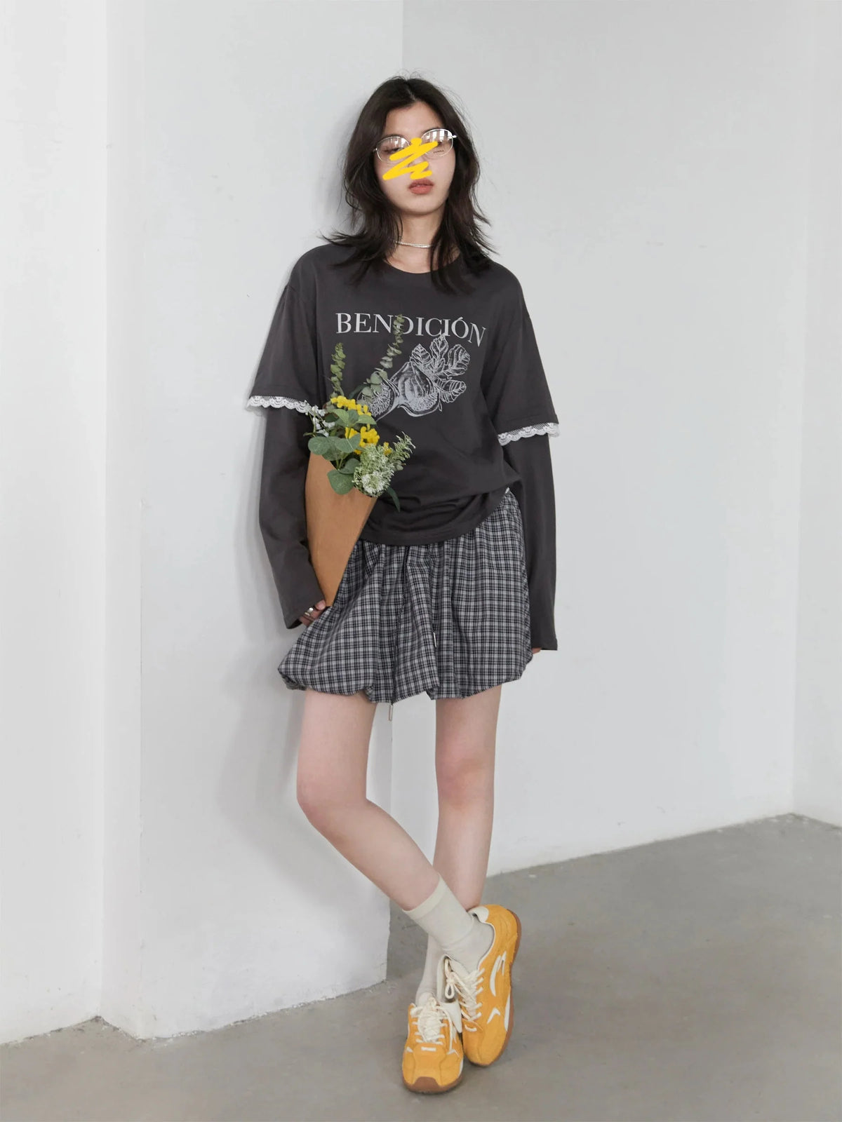 Cotton Letter Print T-Shirt Lace Patchwork Tee