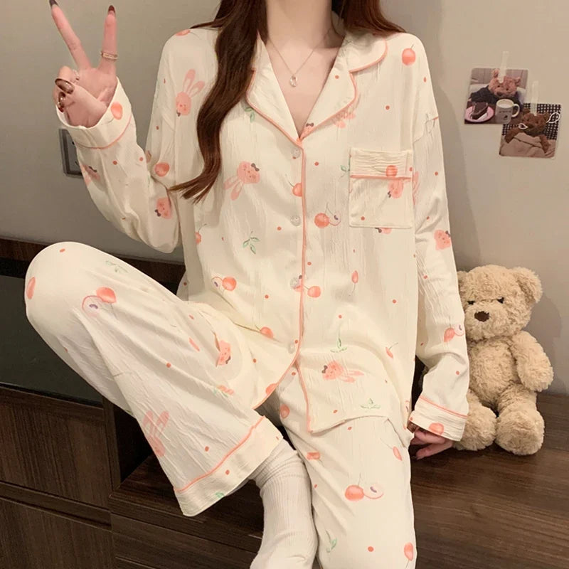 Pink Bow Tie Design Pajamas for Women Long Sleeve Top & Elastic Waist Pants Pajamas Set Harajuku Style Casual New Home Wear