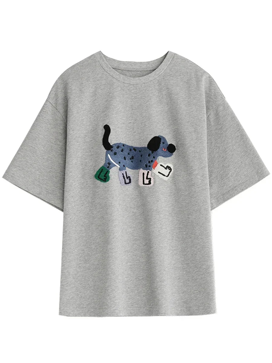 Dog Embroidered Cotton T-Shirt Loose Summer Streetwear