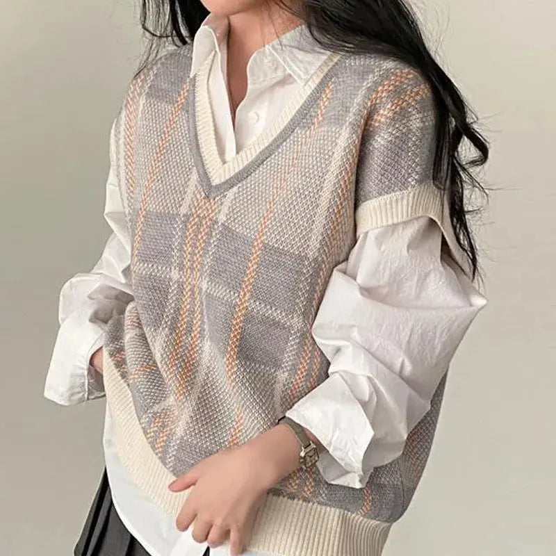 Vintage Korean Style Plaid Knit Pullover Vest