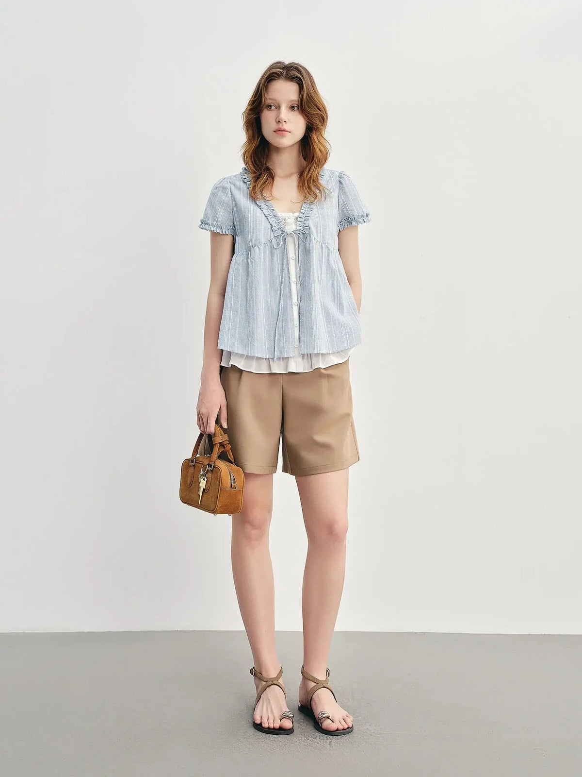 New Blue Striped Ruffle Blouse