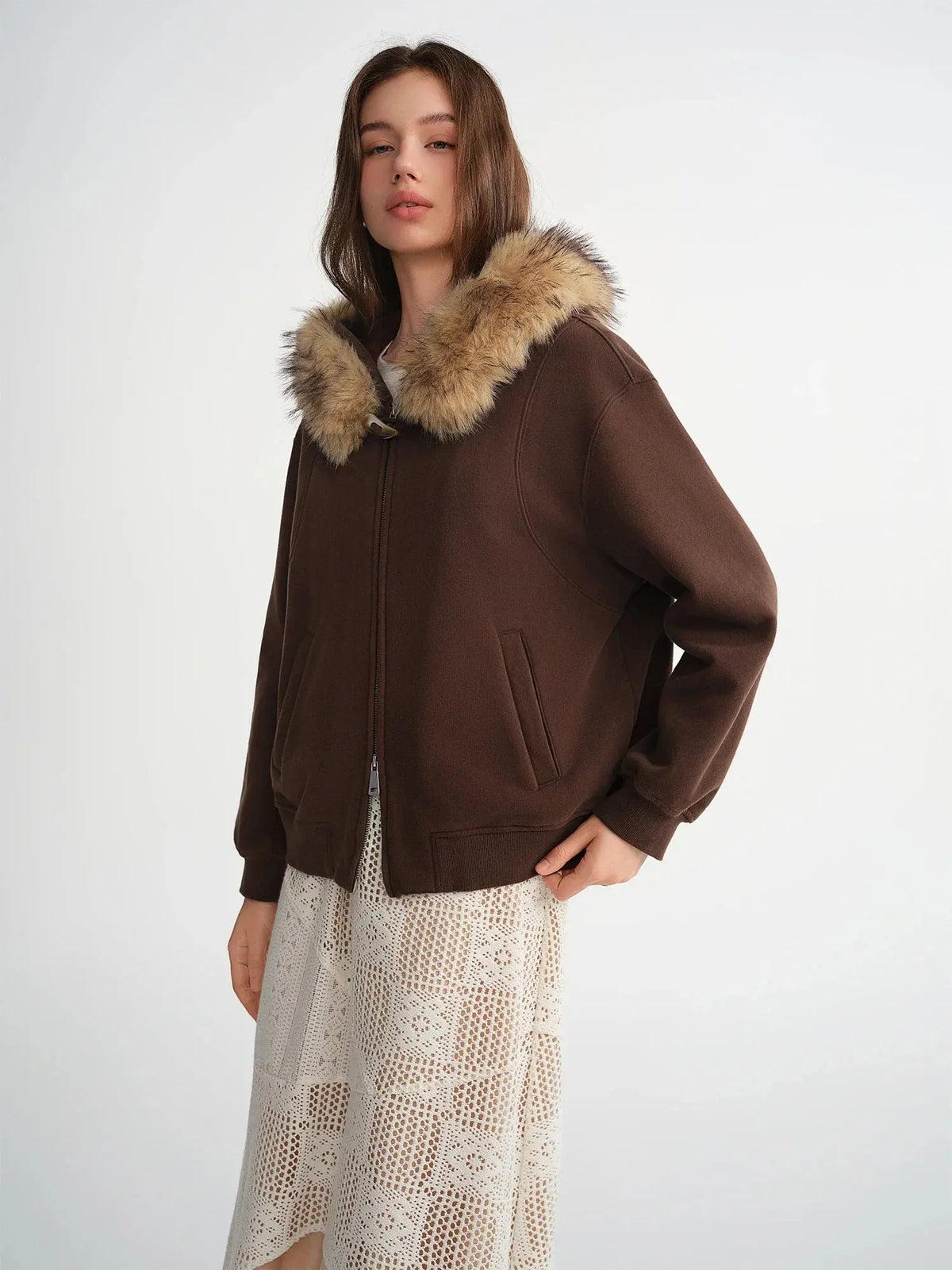 Chic Plus Size Jacket with Detachable Fur Hood
