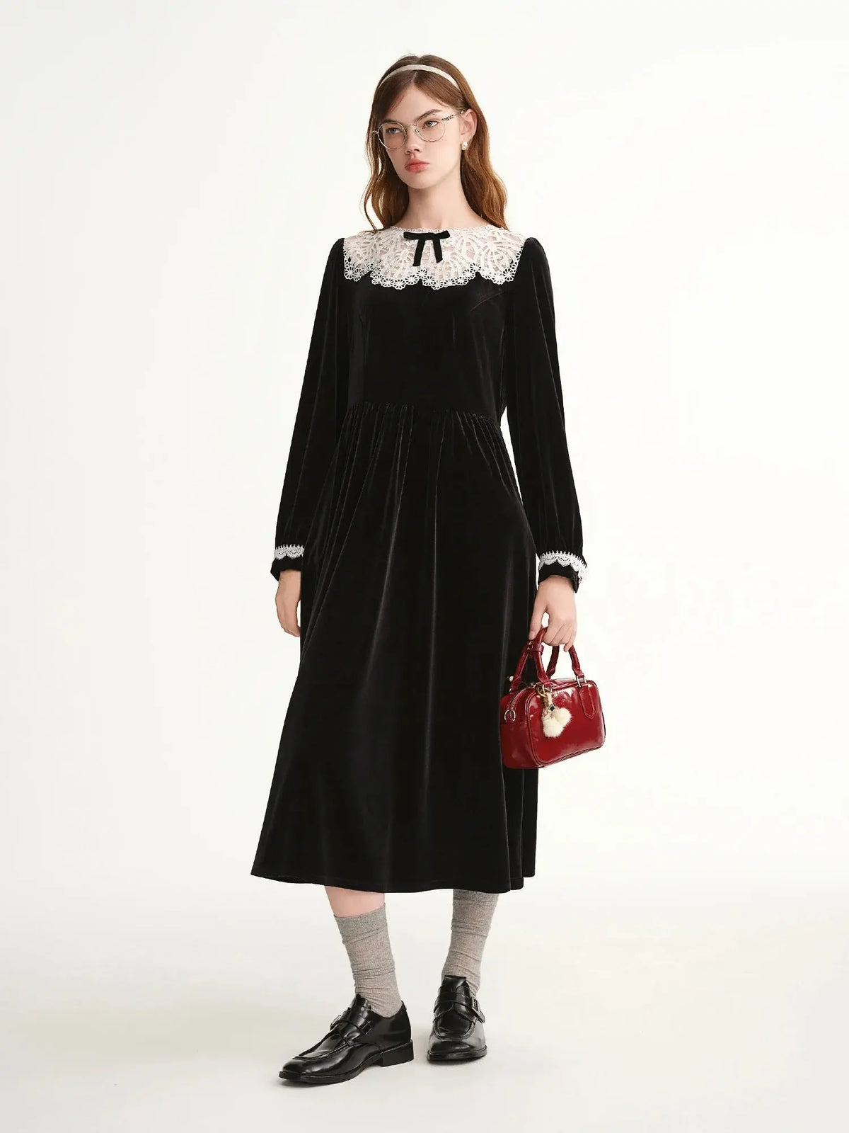Velvet Evening Gown with Scalloped Lace Trim
