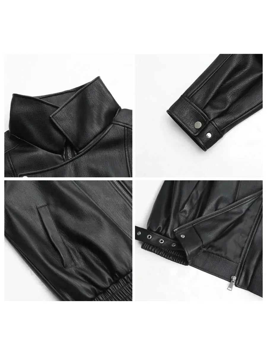 Chic Faux Leather Standing Collar Jacket