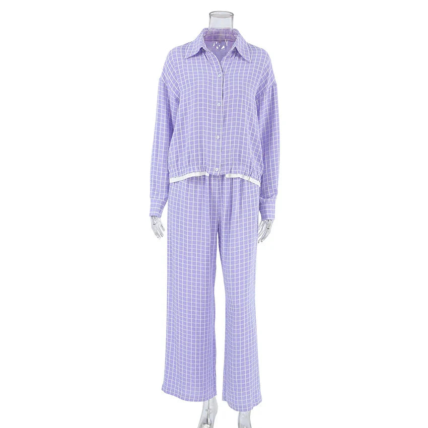 Autumn Purple Plaid Pajama Set 2-Piece Long Sleeve
