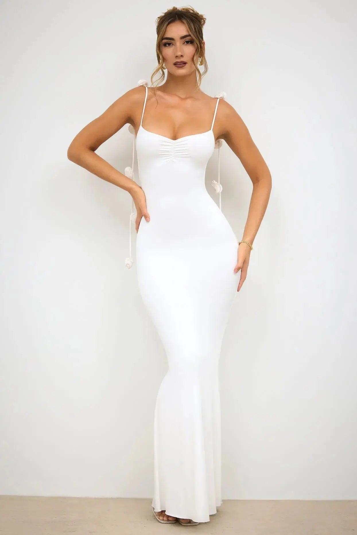 Sleeveless Neck-Wrap Evening Party Dress with Floral Strap Accents