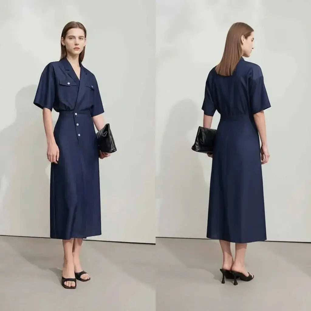 Draped Flip-Neck Denim Shirt Dress