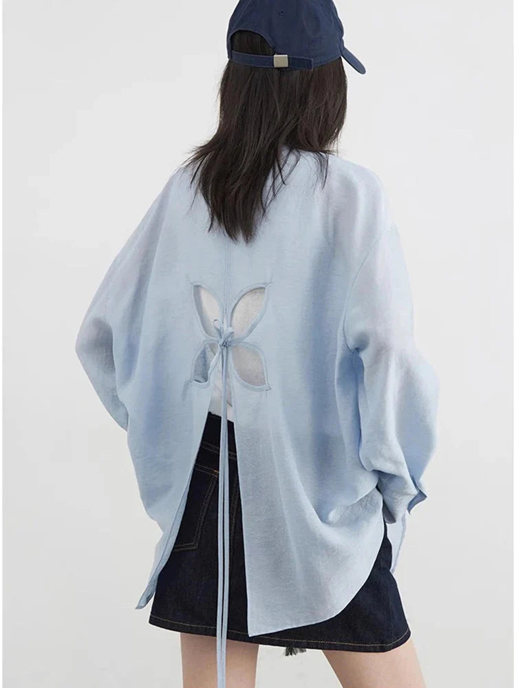 Back Hollow Out Long Sleeve Blouse Casual Loose Shirt