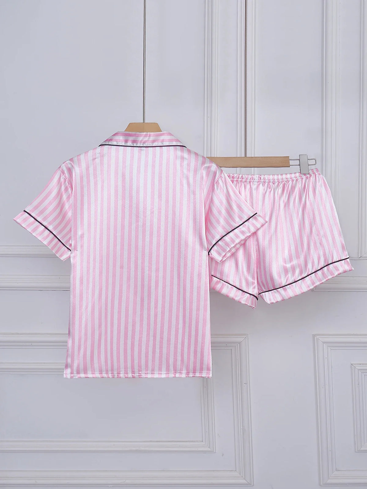Striped Embroidered Letter Pocket Short Sleeve and Shorts Pajama Set, Casual Satin Sleepwear with Lapel Collar and Button Detail