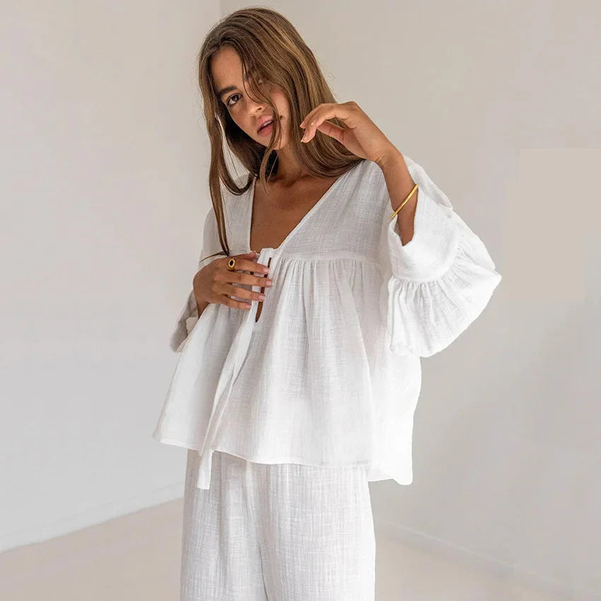 Women's Pajamas Cotton 2-Piece Set V-Neck