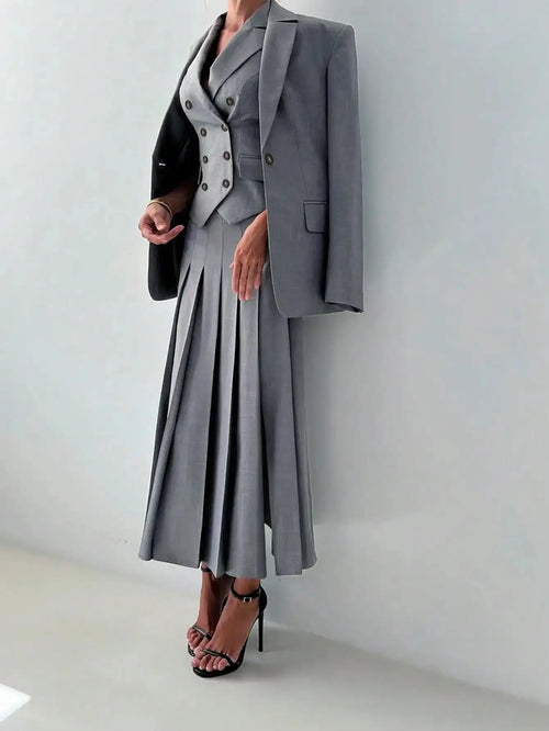 3-Piece Women's Business Suit: Vest, Pleated Skirt & Jacket