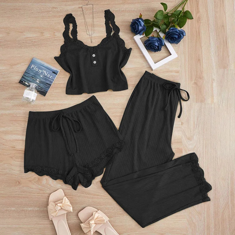 New 2025 Women's Summer 3PCS Pajama Sets Solid Vest Shorts and Pants Paired with Lace Splicing for Homewear Sexy Sleepwear Sets