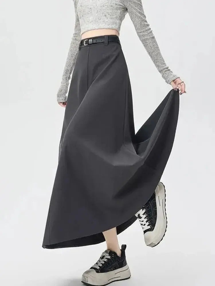 High-Waist A-Line Pleated Midi Skirt with Tie Belt