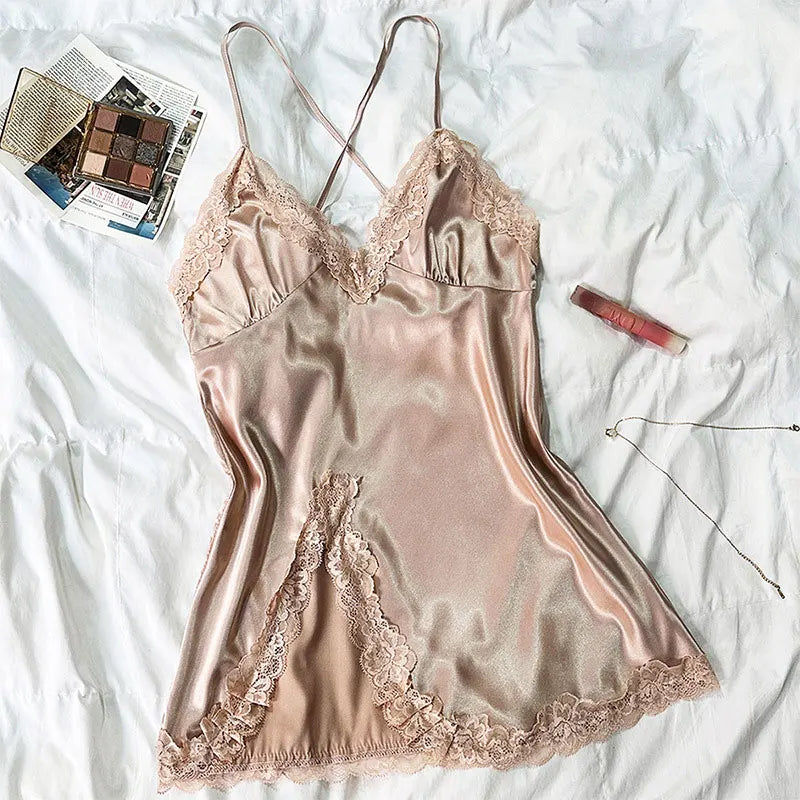 Summer Nightwear Women's Satin Pajama Set Fashion V-Neck Lace Strap Nightwear Loungewear For Sleeveless Pink Nightwear Set
