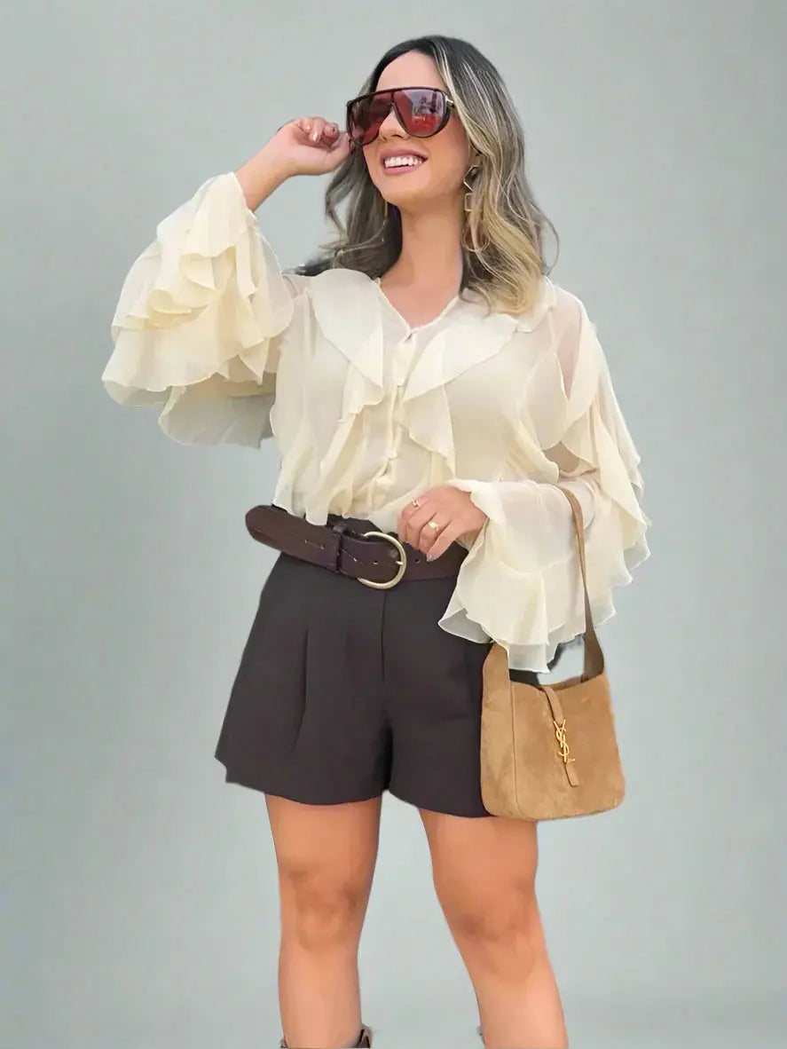 Chic Translucent Blouse with Layered Gauze and Ruffle Detail