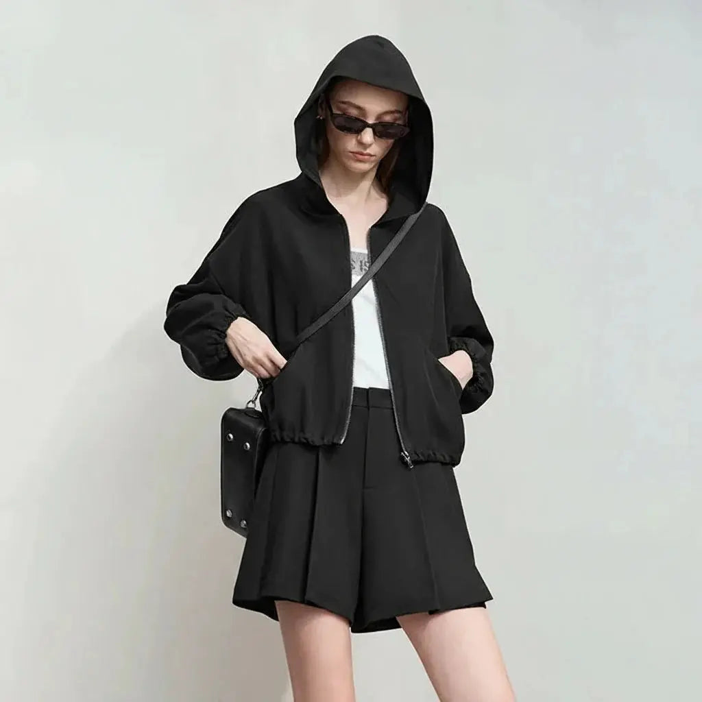 Simple Loose Fit Pleated Hooded Jacket