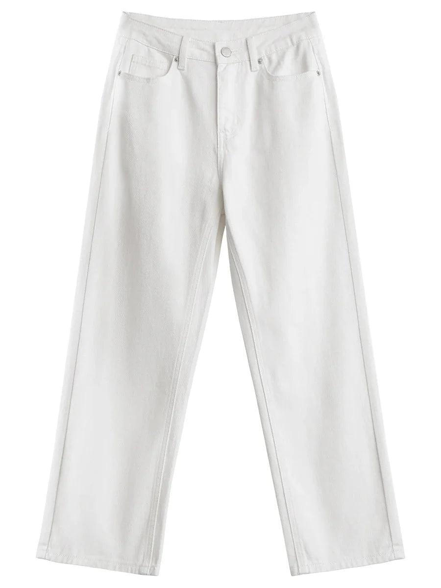 High Waisted White Cotton Pants Slim Straight Leg