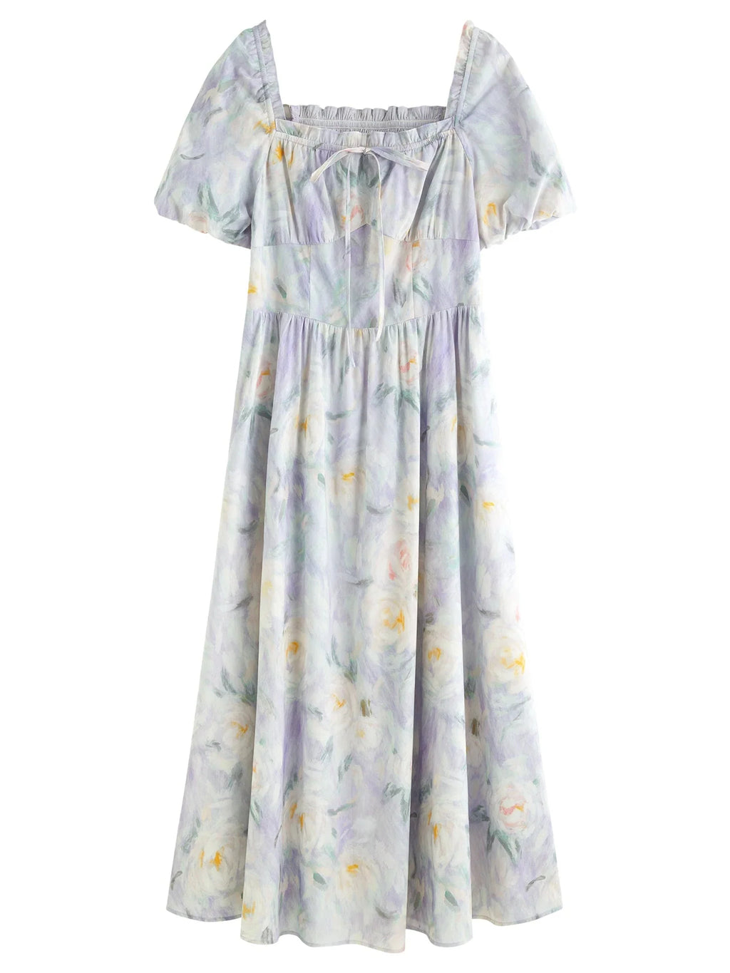 French Romantic Painting Summer Dress Sweet Waist Midi