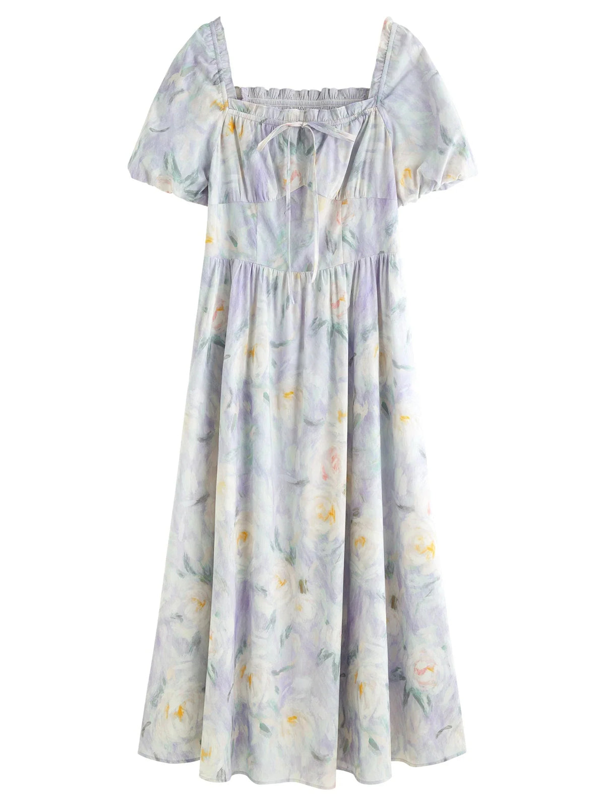 French Romantic Painting Summer Dress Sweet Waist Midi