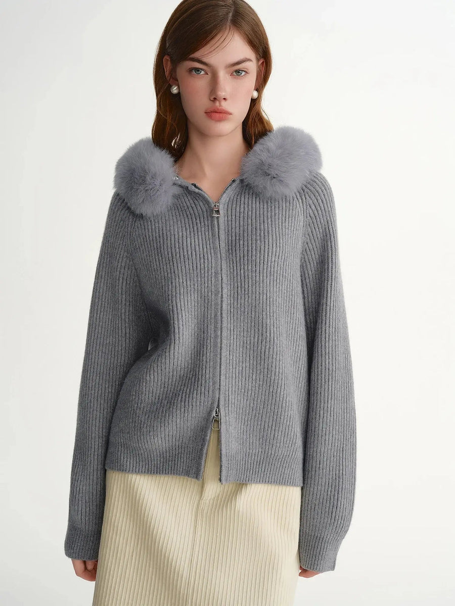 Women's Faux Fur Hooded Cardigan Winter Knit Outerwear