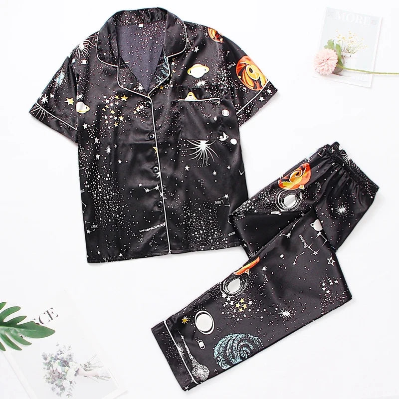 Women‘s Striped Printed Silk Satin Pajamas Summer Nightwear Trouser Suits Satin Set Woman 2 Pieces Short Sleeve Sleep Tops Night